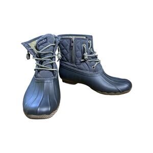 Women’s Sperry Top Sider Black/Grey Lace Up Duck Waterproof Rubber Boots Size 8